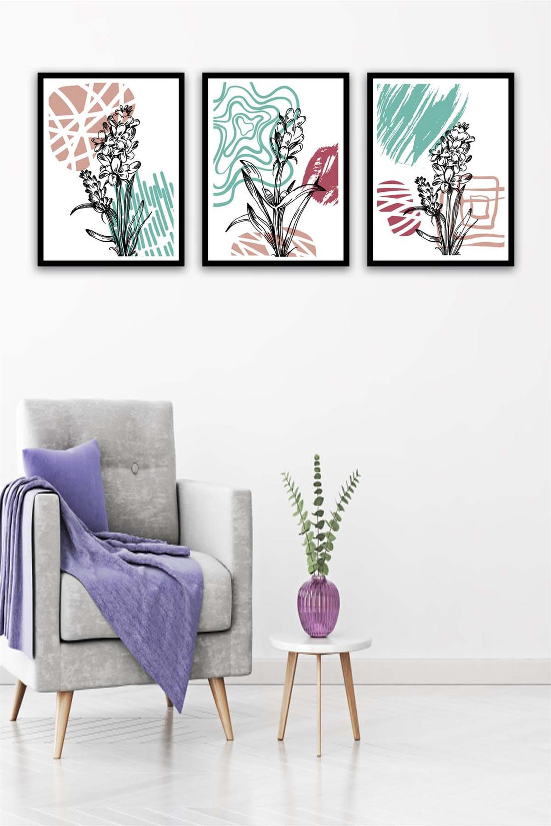 3 Parça Modern Sanat Tarzında Siyah Çerçeve Görünümlü Uv Baskı Mdf Tablo Seti