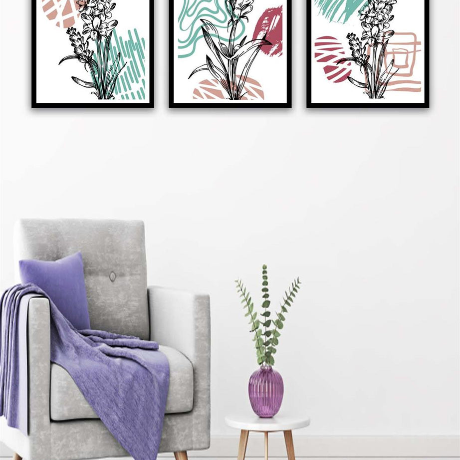 3 Parça Modern Sanat Tarzında Siyah Çerçeve Görünümlü Uv Baskı Mdf Tablo Seti