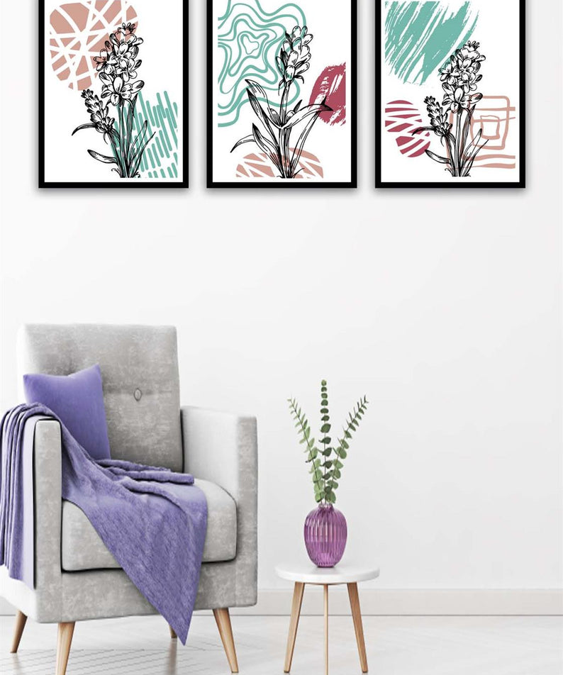 3 Parça Modern Sanat Tarzında Siyah Çerçeve Görünümlü Uv Baskı Mdf Tablo Seti