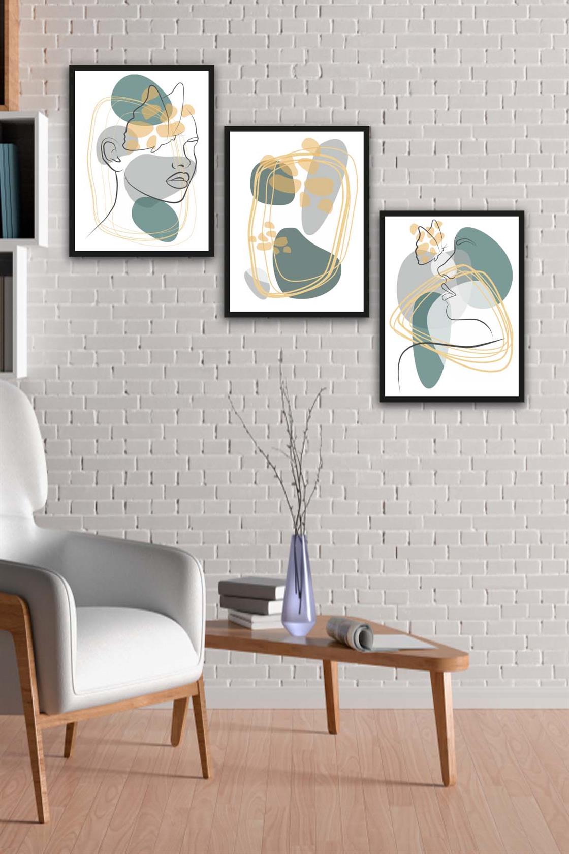 3 Parça Modern Lineart Suliet Tarzda Sanatsal Siyah Çerçeve Görünümlü Uv Baskı Mdf Tablo Seti