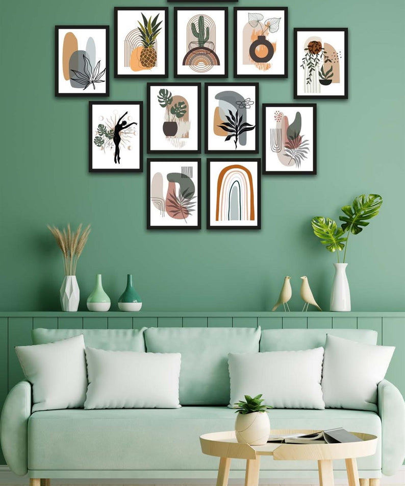 12 Parça Bohem Tarzda Sanatsal Siyah Çerçeve Görünümlü Uv Baskı Mdf Tablo Seti