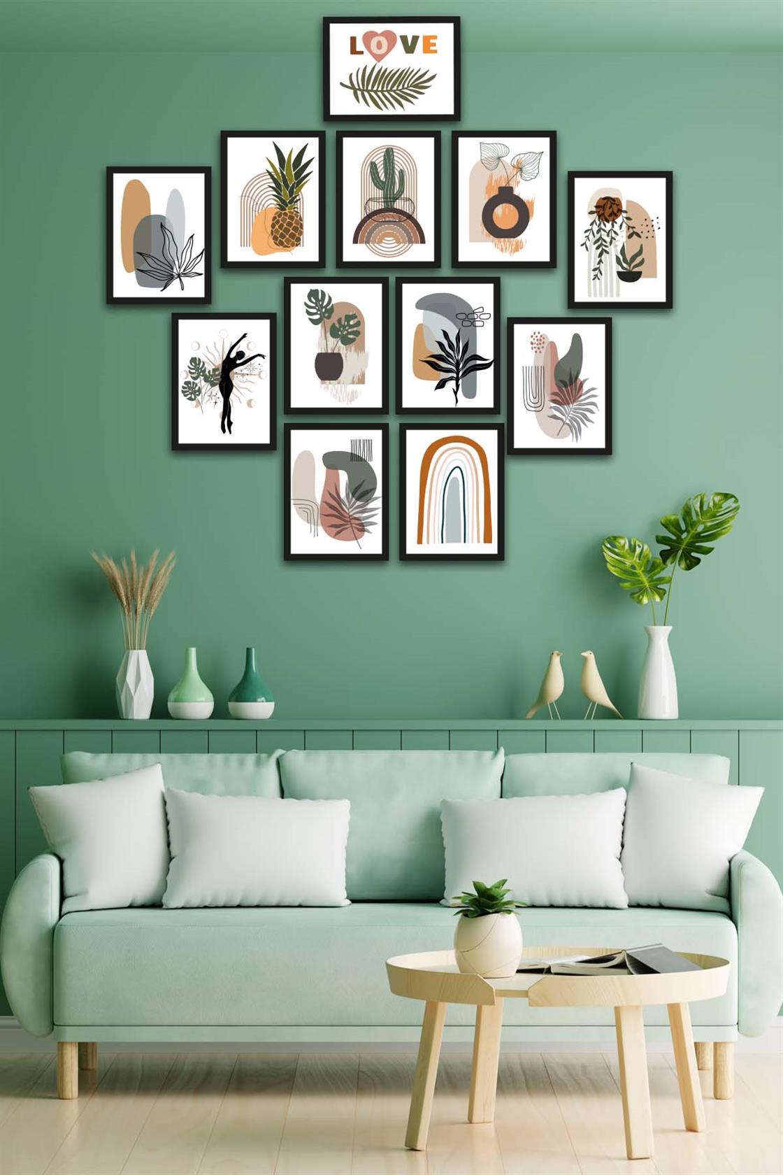 12 Parça Bohem Tarzda Sanatsal Siyah Çerçeve Görünümlü Uv Baskı Mdf Tablo Seti