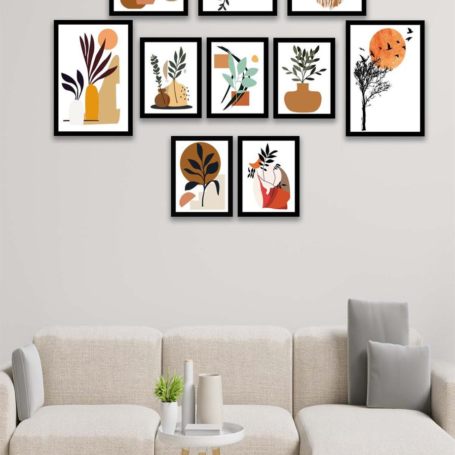 10 Parça Modern Sanatsal Bohem Tarzda (Siyah çerçeve görünümlü) Uv Baskı Mdf Tablo Seti