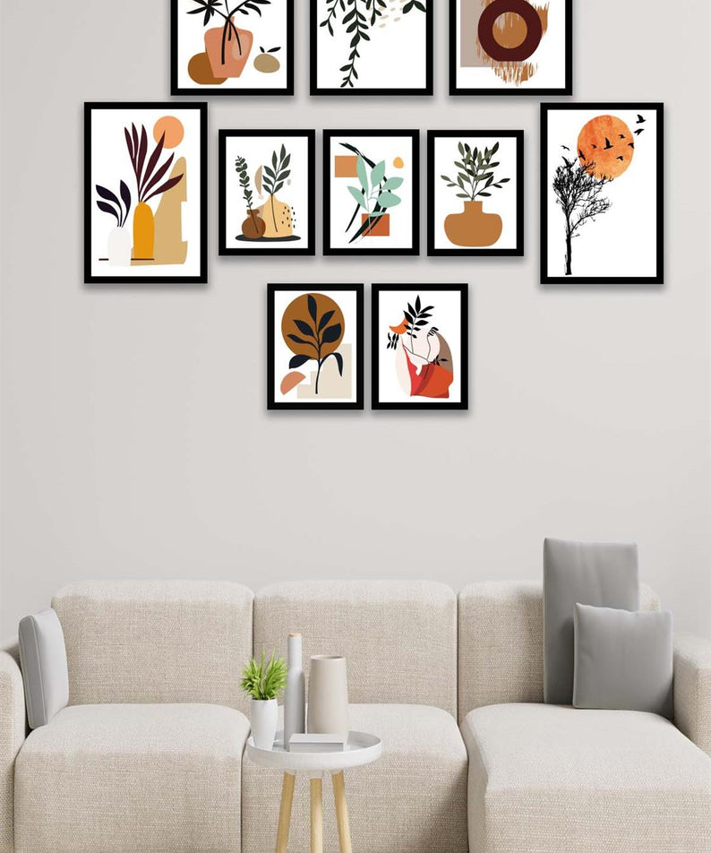 10 Parça Modern Sanatsal Bohem Tarzda (Siyah çerçeve görünümlü) Uv Baskı Mdf Tablo Seti