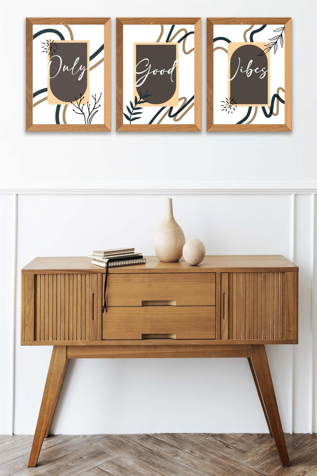 3 Parça Modern Sanatsal Tarzda (Ahşap çerçeve görünümlü) Uv Baskı Mdf Tablo Seti