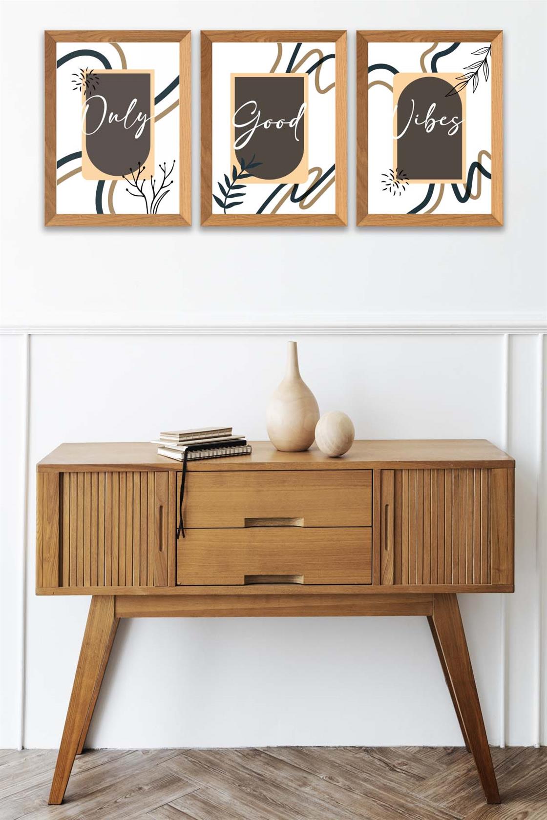 3 Parça Modern Sanatsal Tarzda (Ahşap çerçeve görünümlü) Uv Baskı Mdf Tablo Seti