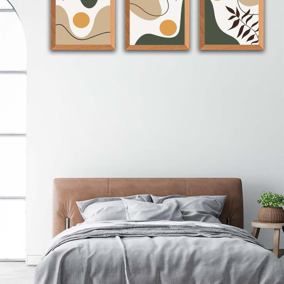 3 Parça Modern Bohem Tarzda Ahşap Çerçeve Görünümlü Uv Baskı Mdf Tablo Seti