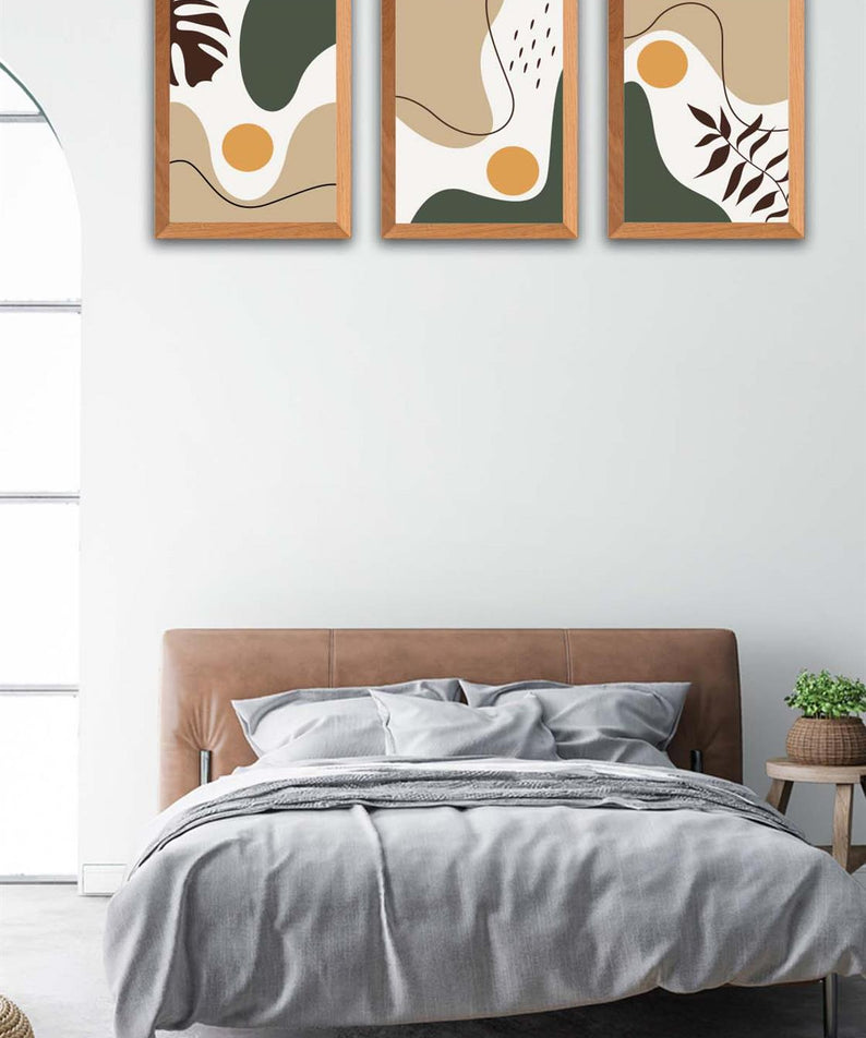 3 Parça Modern Bohem Tarzda Ahşap Çerçeve Görünümlü Uv Baskı Mdf Tablo Seti
