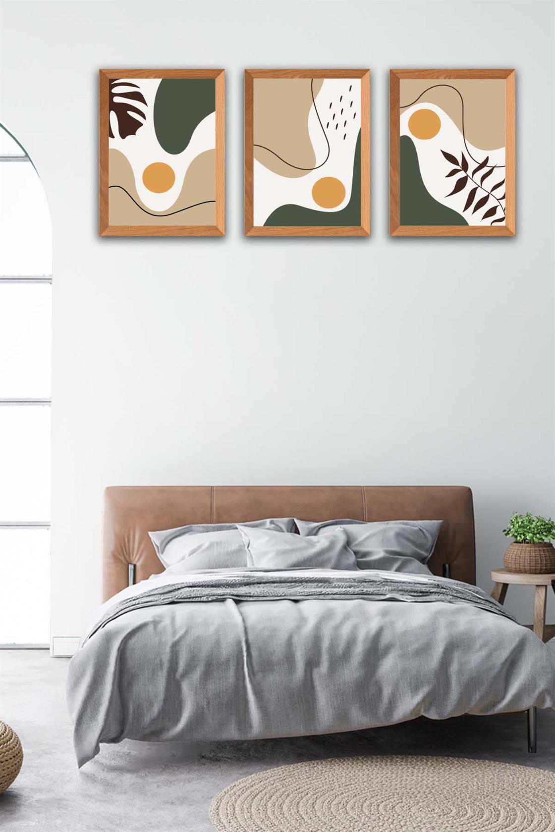 3 Parça Modern Bohem Tarzda Ahşap Çerçeve Görünümlü Uv Baskı Mdf Tablo Seti