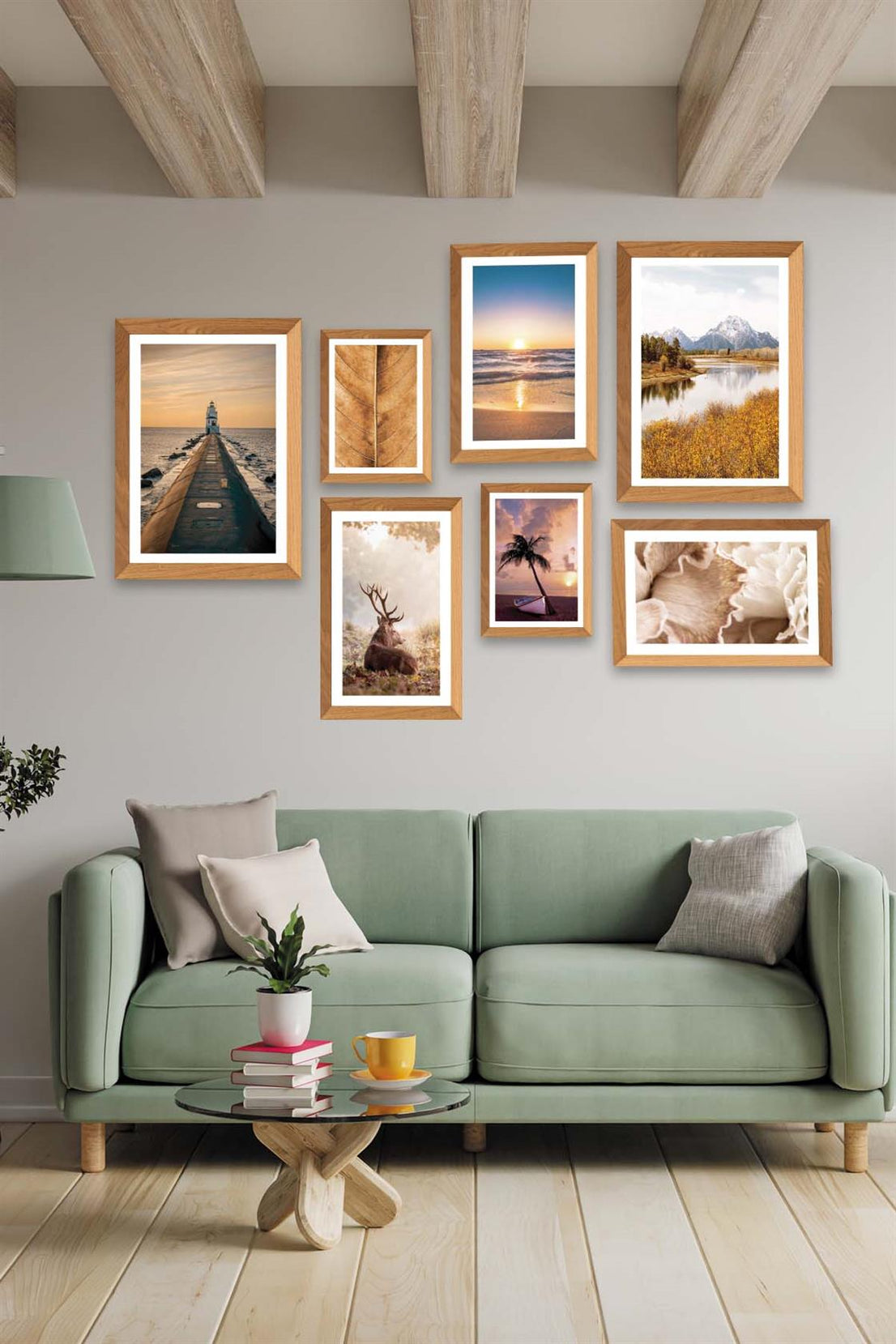 Deniz Feneri Manzara Ve Geyik Temalı Ahşap Çerçeve Görünümlü Tablo Seti