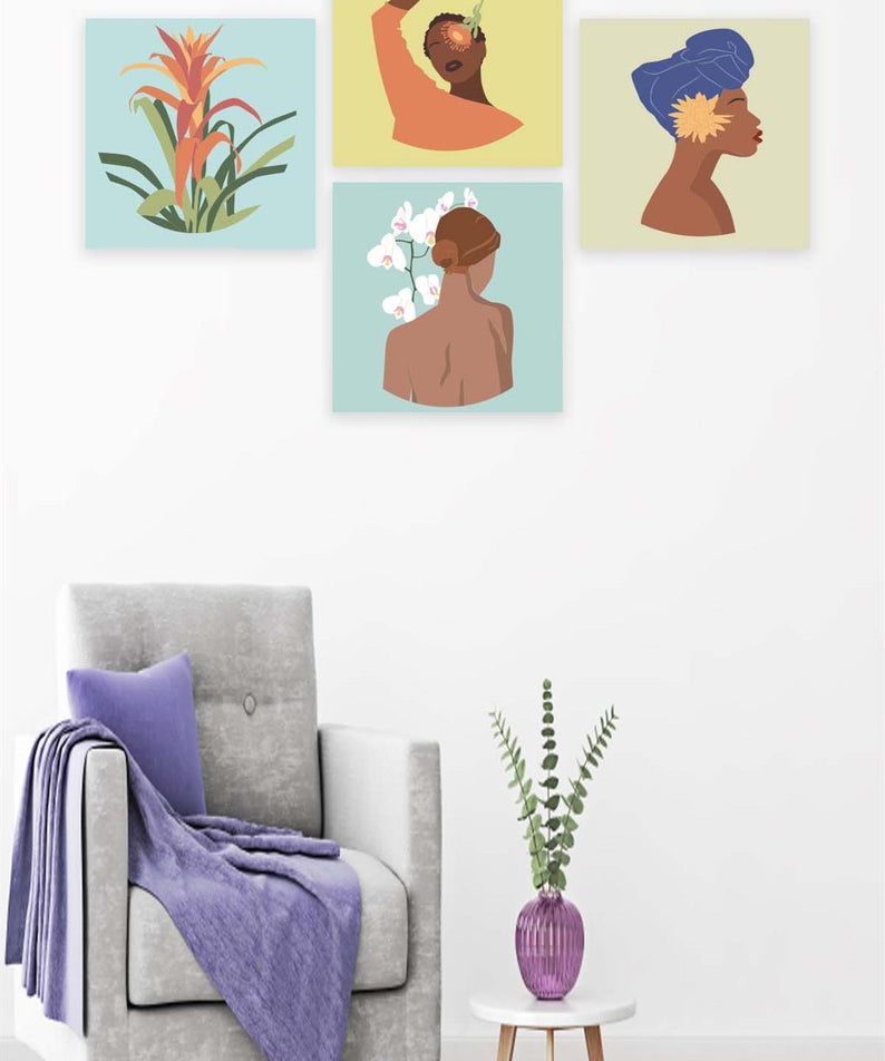 4 Parça Bohem Kadın Uv Baskı Mdf Tablo Seti