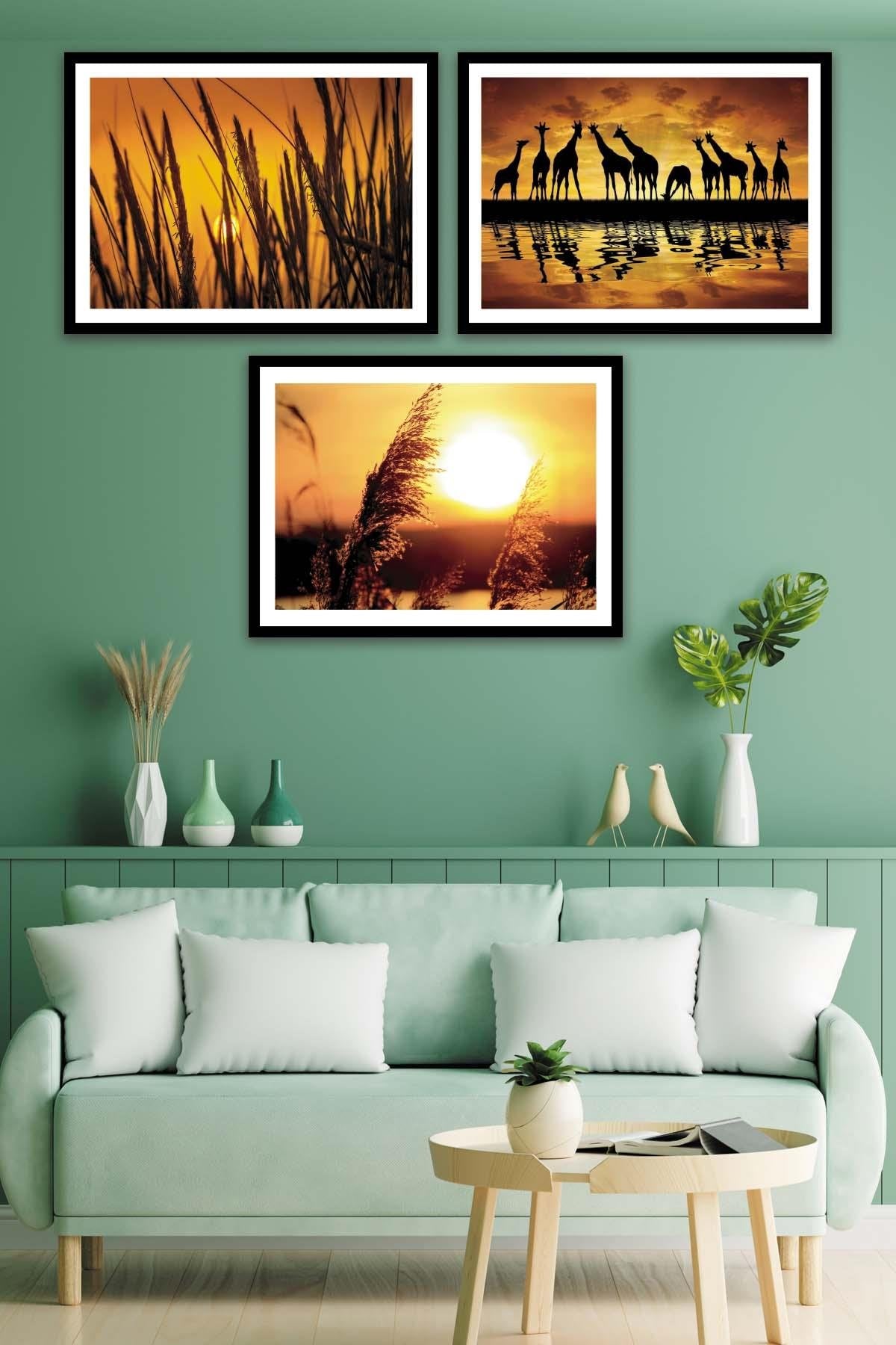 Afrika Zürafa Temalı Siyah Çerçeve Görünümlü Tablo Seti