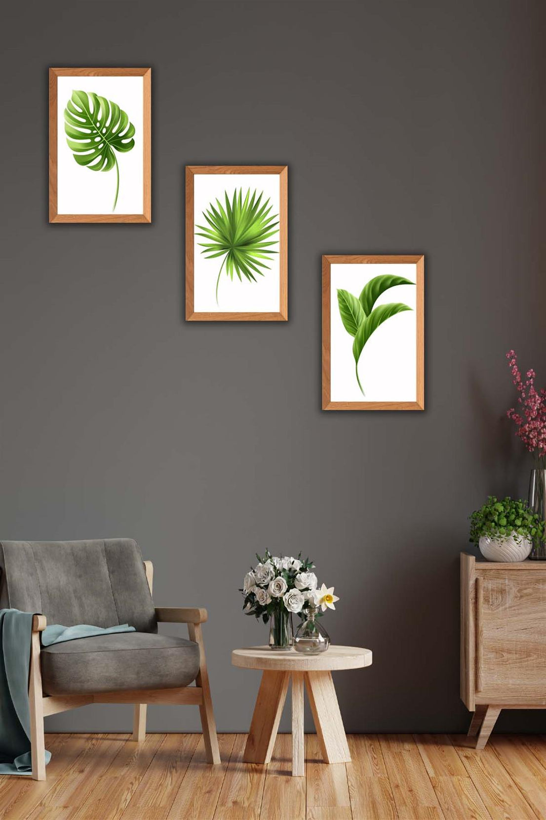 3 Parça Bohem Tarzı Yaprak Ahşap Çerçeve Görünümlü Tablo Seti