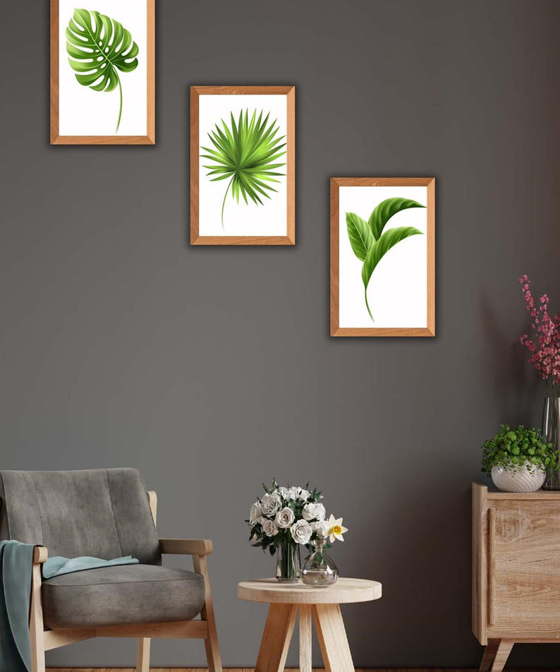 3 Parça Bohem Tarzı Yaprak Ahşap Çerçeve Görünümlü Tablo Seti