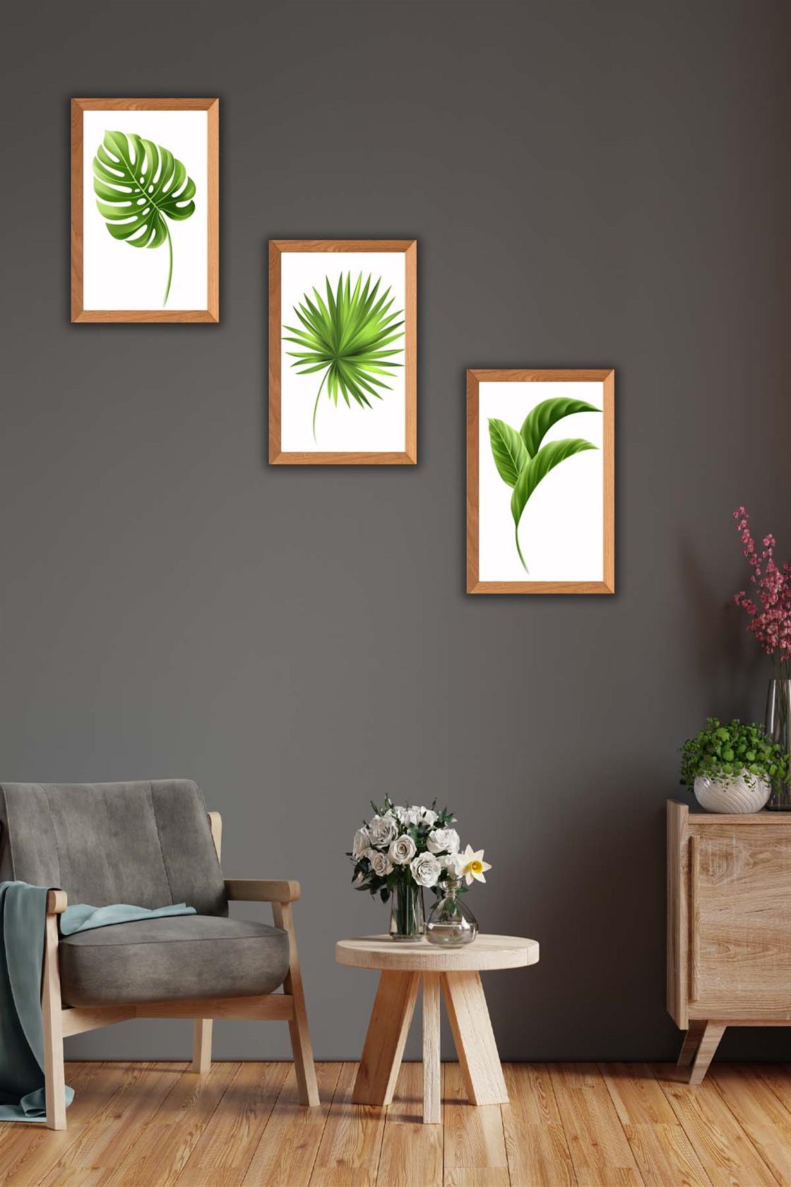 3 Parça Bohem Tarzı Yaprak Ahşap Çerçeve Görünümlü Tablo Seti