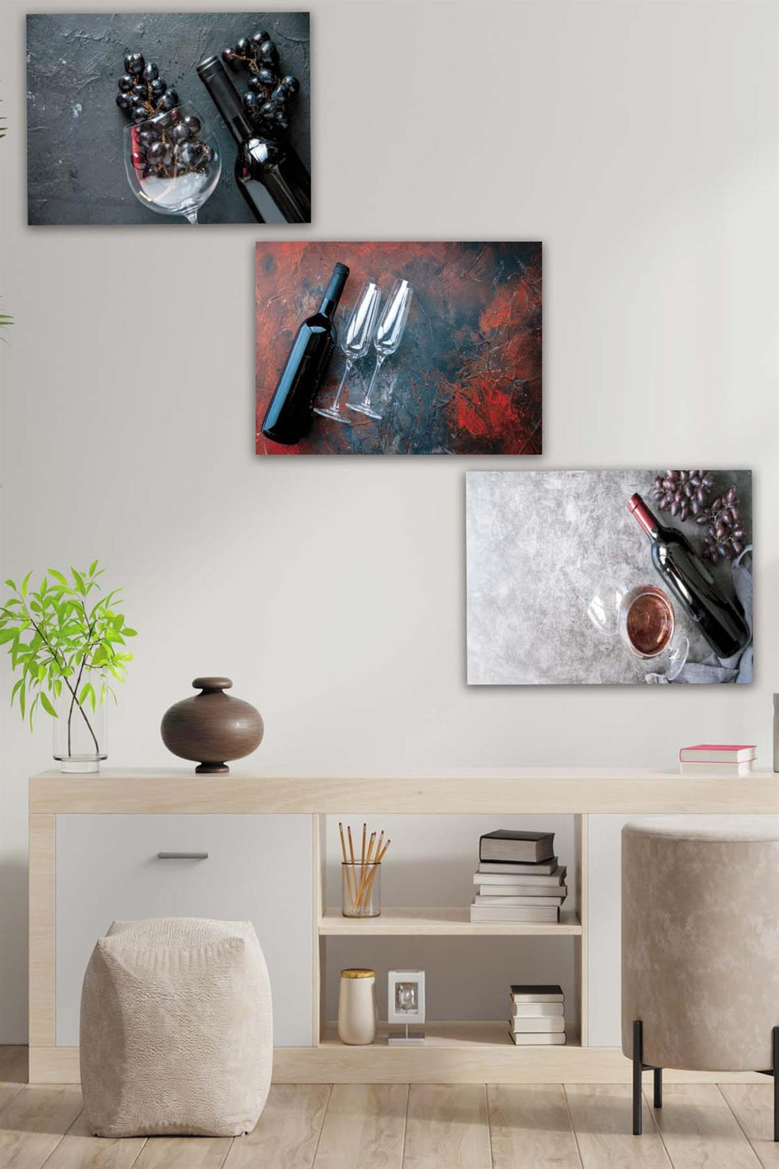 3 Parça Şarap ve Üzüm Desenli Mdf Ahşap Tablo Seti