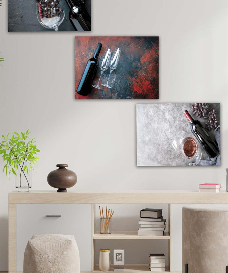 3 Parça Şarap ve Üzüm Desenli Mdf Ahşap Tablo Seti