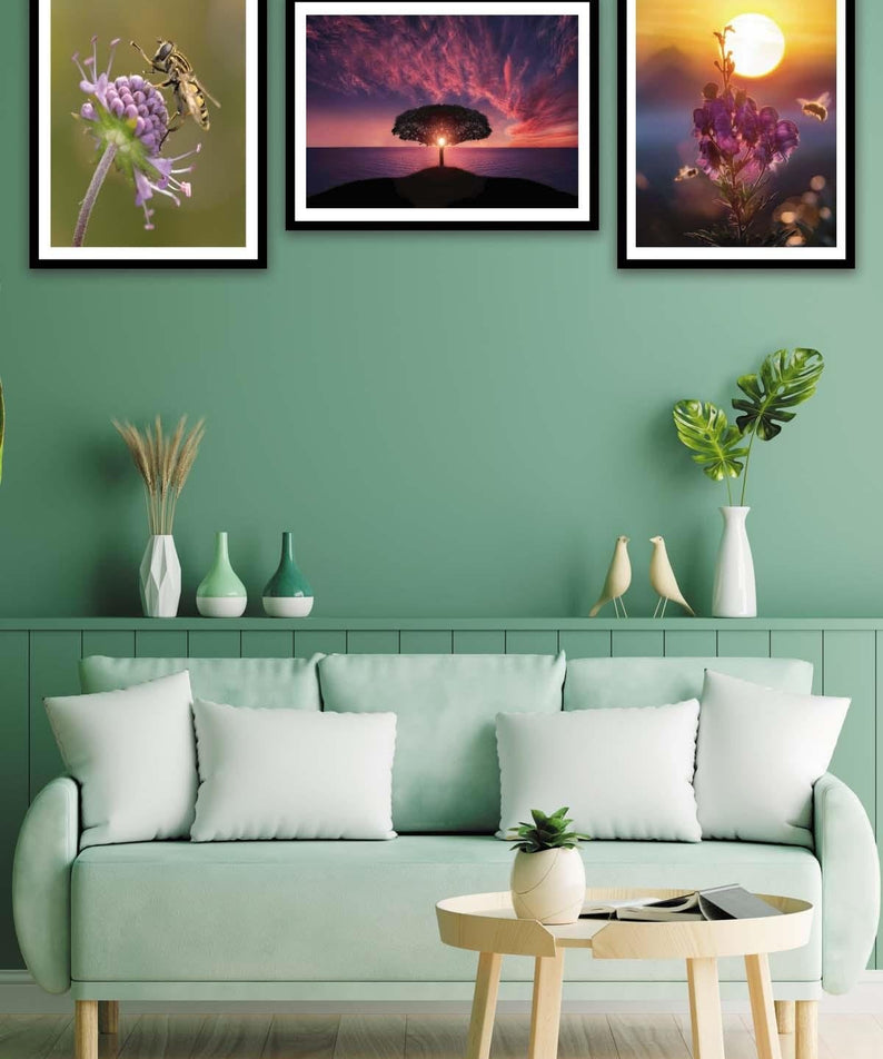 Arı Ve Çiçek Temalı Siyah Çerçeve Görünümlü Tablo Seti