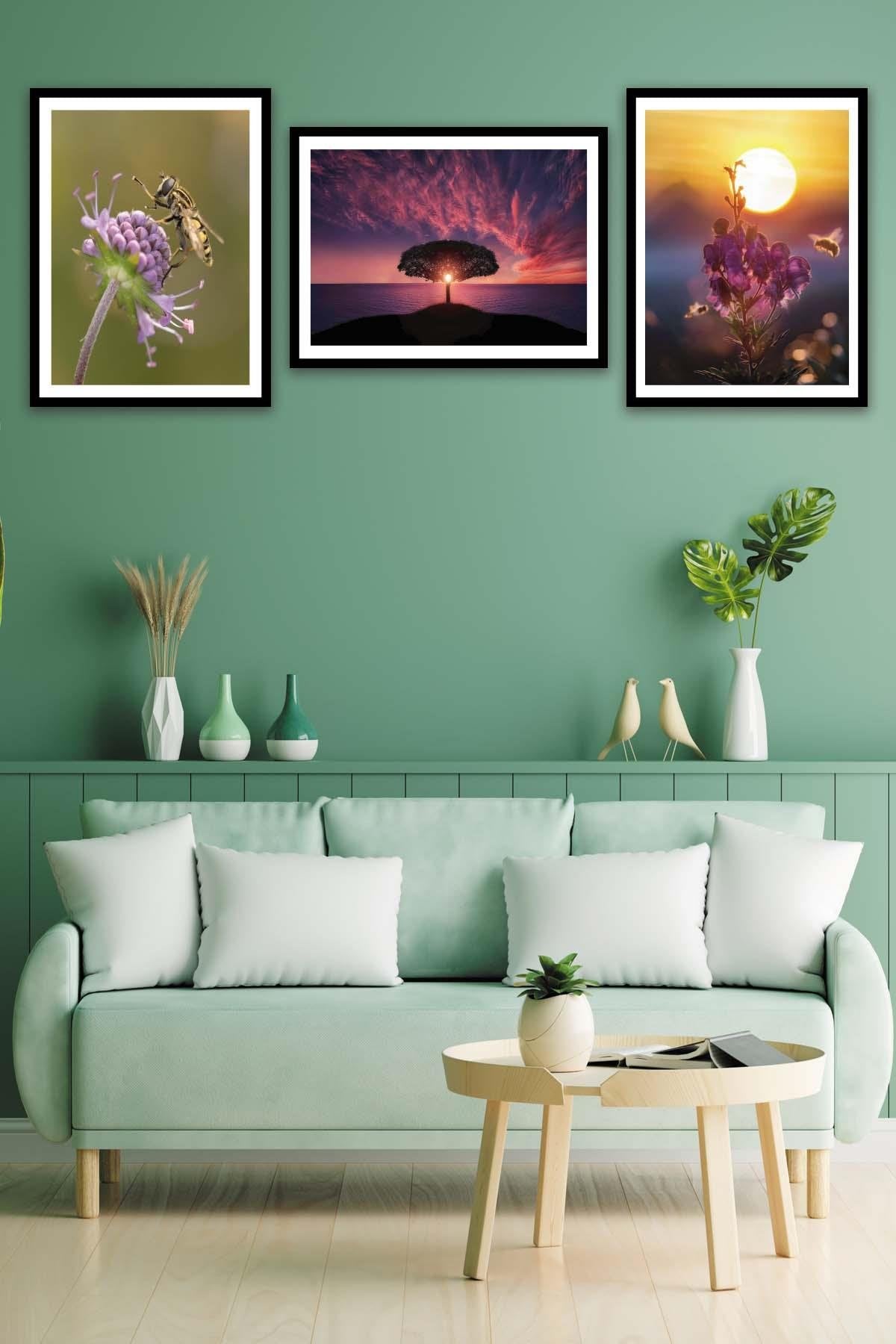 Arı Ve Çiçek Temalı Siyah Çerçeve Görünümlü Tablo Seti