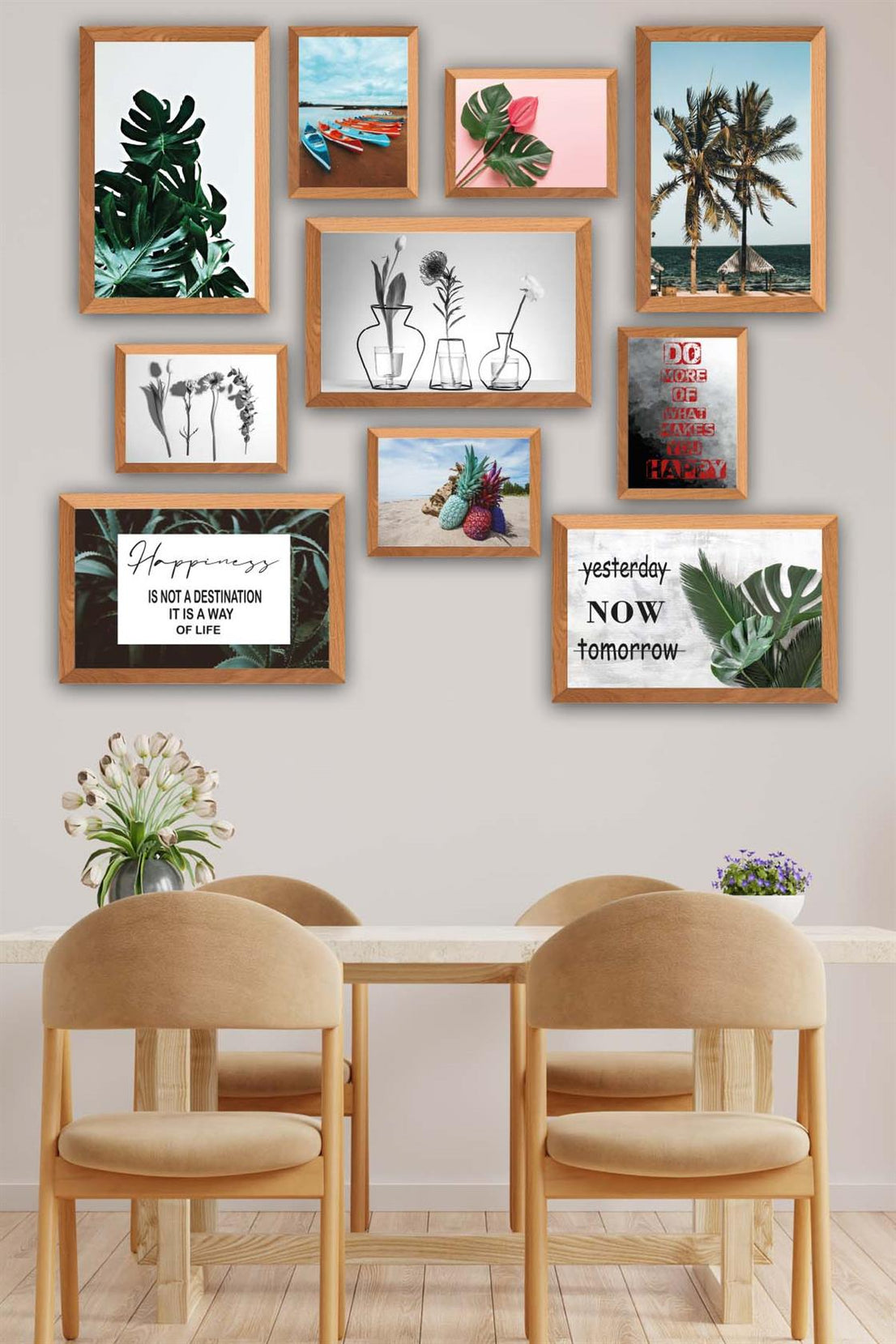 10 Parça Botanik Yaprak Modern Tarzda (Ahşap Çerçeve Görünümlü) Uv Baskı Tablo Seti