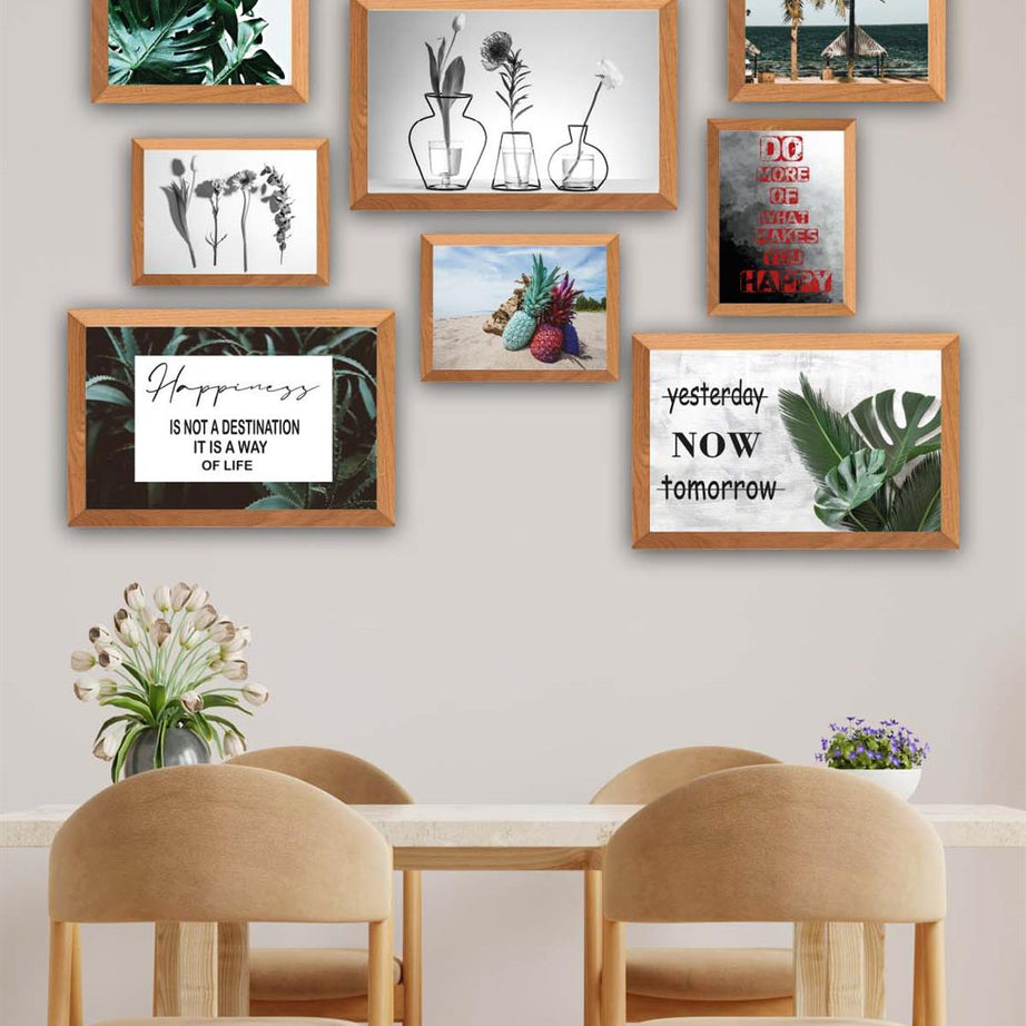 10 Parça Botanik Yaprak Modern Tarzda (Ahşap Çerçeve Görünümlü) Uv Baskı Tablo Seti