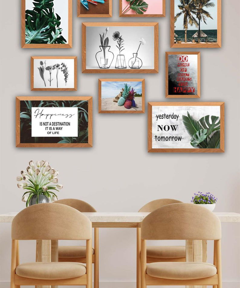 10 Parça Botanik Yaprak Modern Tarzda (Ahşap Çerçeve Görünümlü) Uv Baskı Tablo Seti