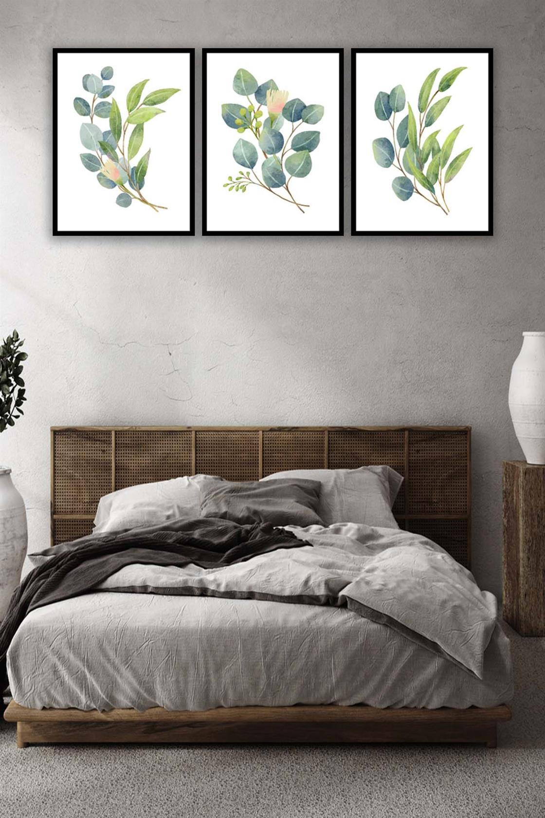 3 Parça Suluboya Tarzında Botanik Çiçekler Tablo Seti