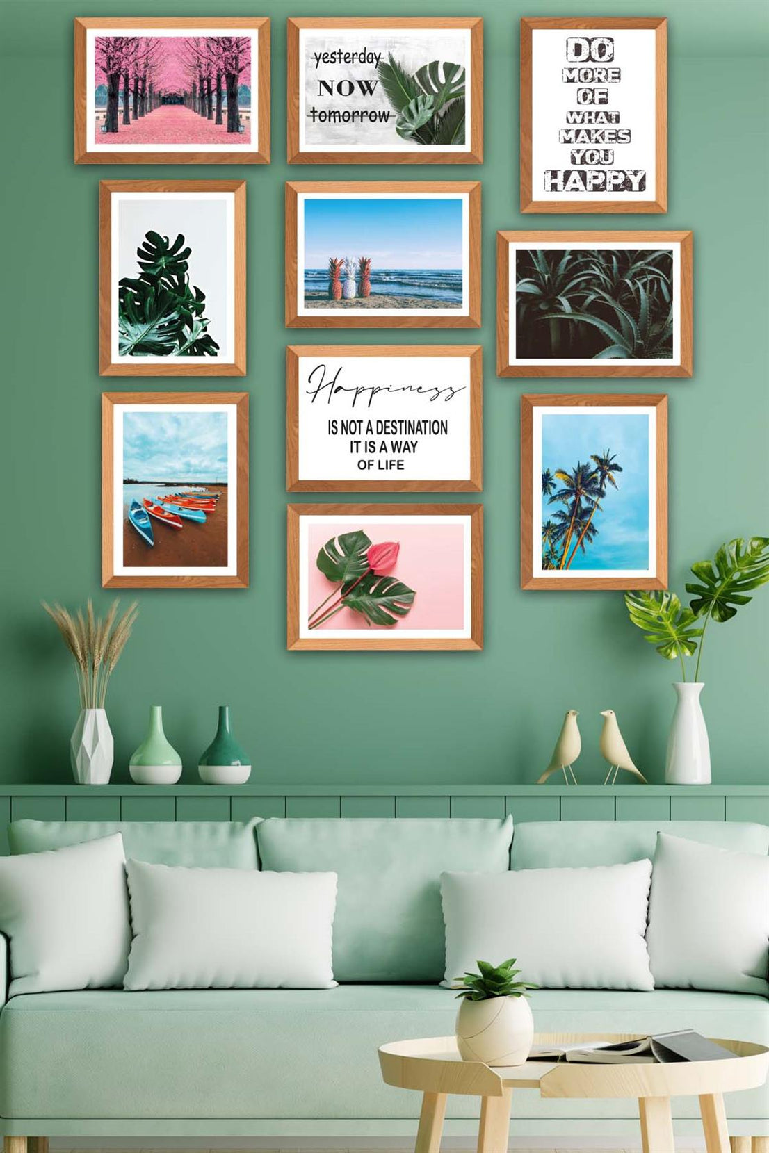 10 Parça Modern Botanik Yaprak Ve Yaz Manzarası (Ahşap Çerçeve Görünümlü) Uv Baskı Tablo Seti