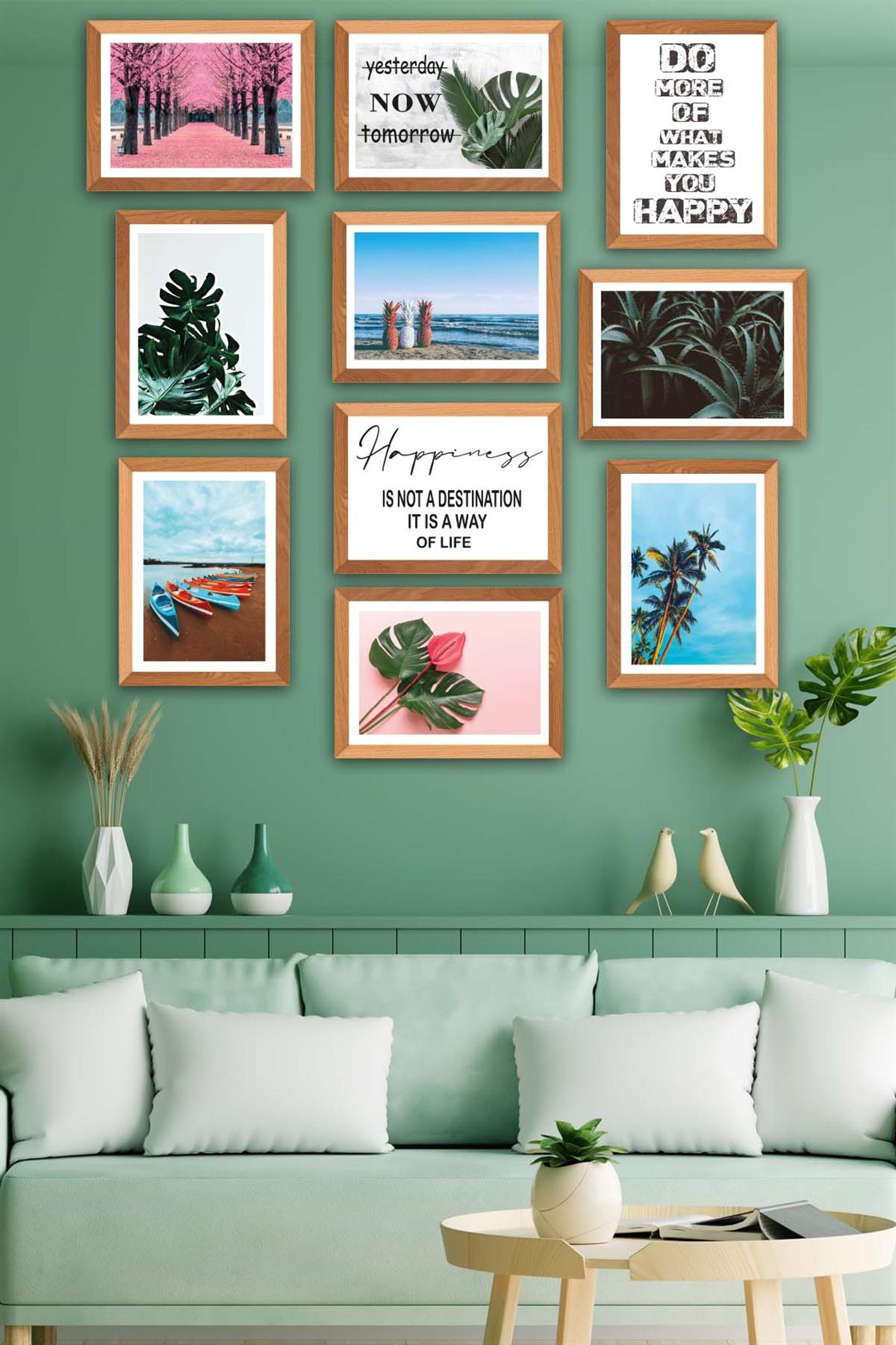 10 Parça Modern Botanik Yaprak Ve Yaz Manzarası (Ahşap Çerçeve Görünümlü) Uv Baskı Tablo Seti