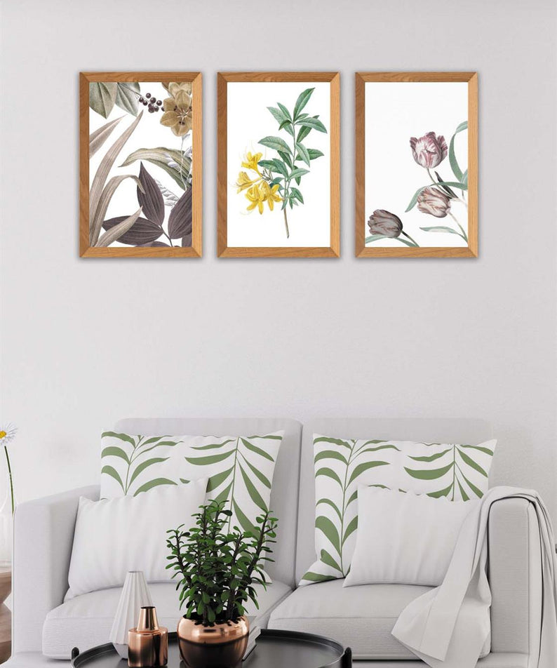 3 Parça Renkli Çiçekler Ahşap Çerçeve Görünümlü Dijital Baskı Tablo Seti