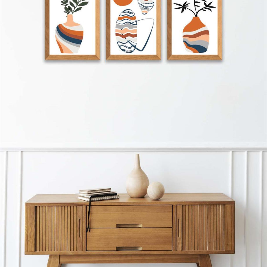 3 Parça Modern Sanatsal Bohem Tarzda (Ahşap çerçeve görünümlü) Uv Baskı Mdf Tablo Seti