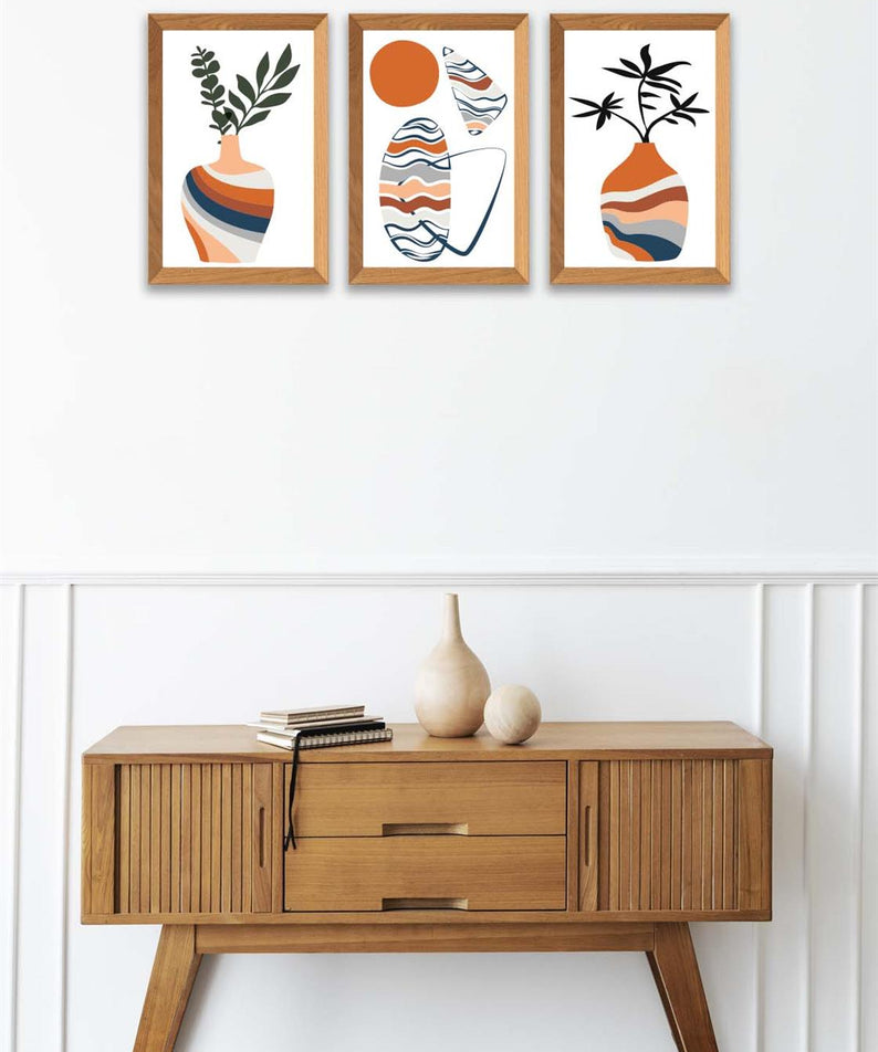 3 Parça Modern Sanatsal Bohem Tarzda (Ahşap çerçeve görünümlü) Uv Baskı Mdf Tablo Seti