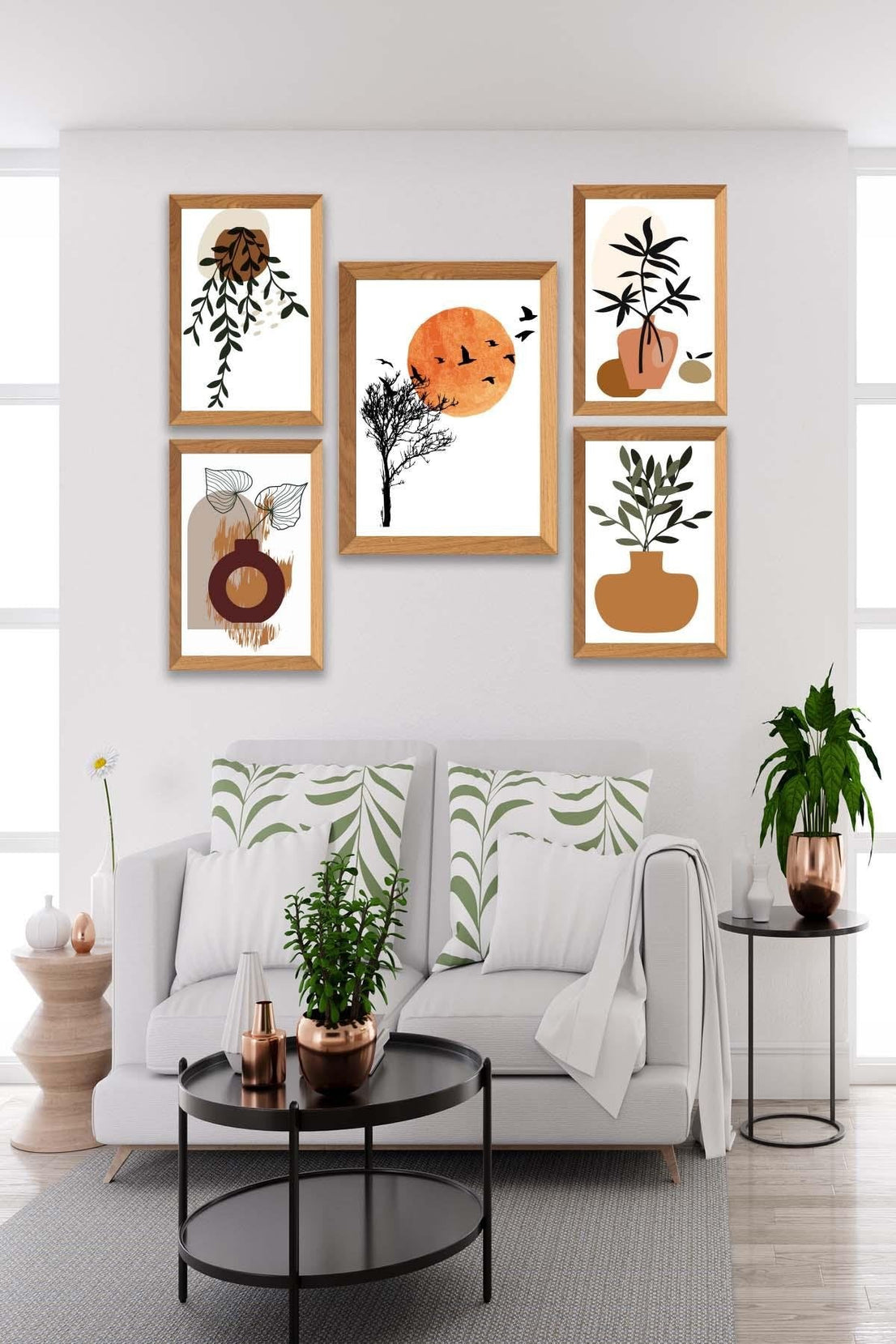 5 Parça Dal Ve Bohem Temalı Ahşap Çerçeve Görünümlü Tablo Seti