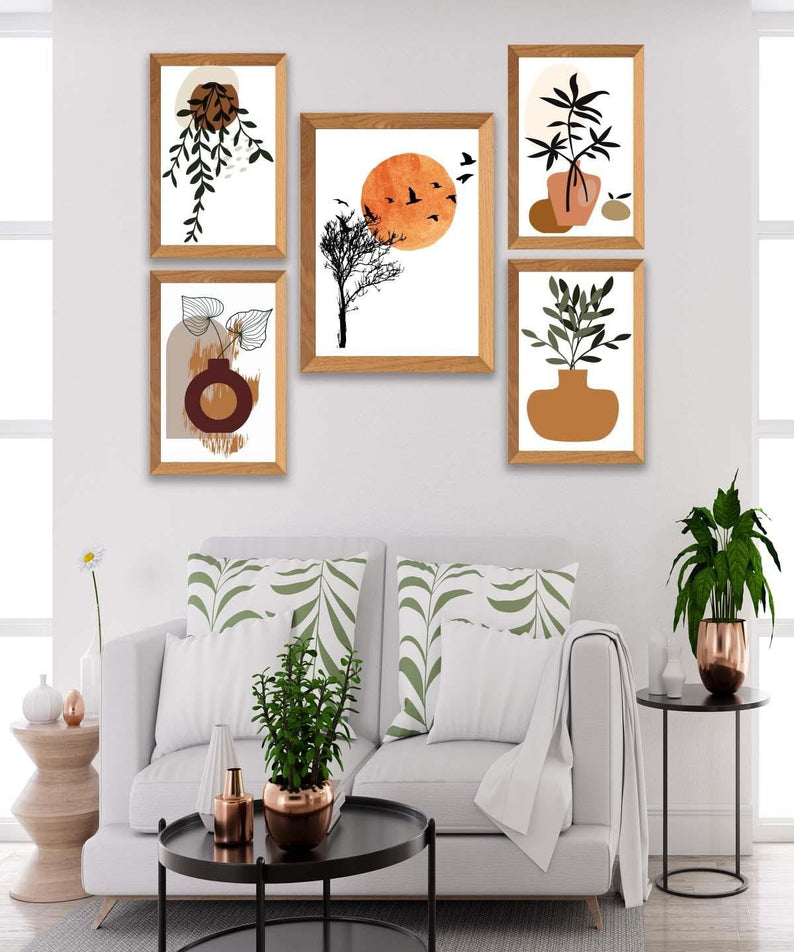 5 Parça Dal Ve Bohem Temalı Ahşap Çerçeve Görünümlü Tablo Seti