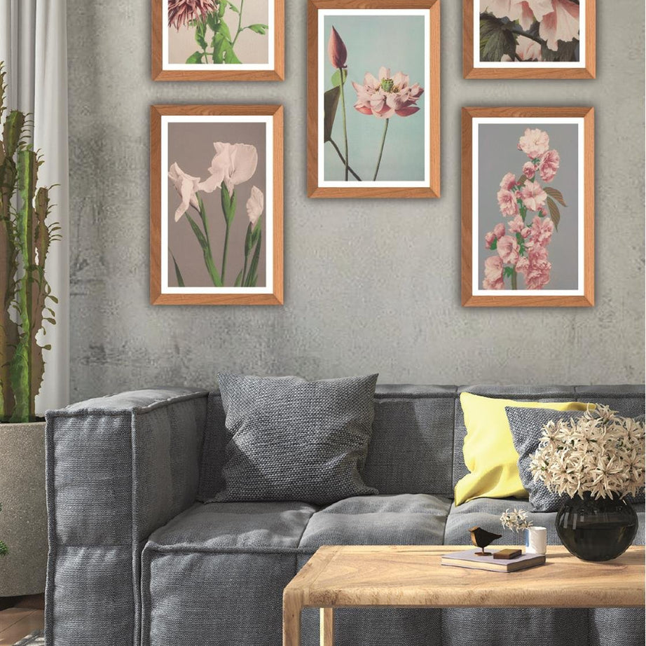 5 Parça Ahşap çerçeve Görünümlü Çiçek Desenli Uv baskı Mdf Tablo Seti