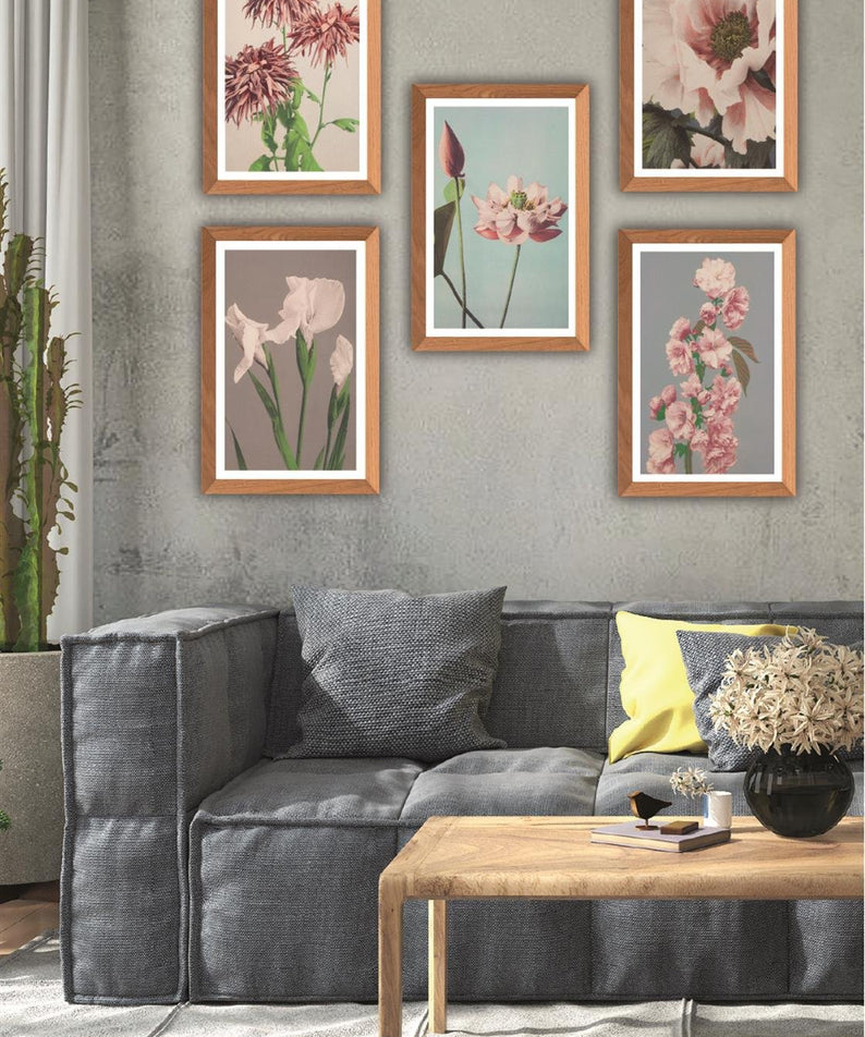 5 Parça Ahşap çerçeve Görünümlü Çiçek Desenli Uv baskı Mdf Tablo Seti