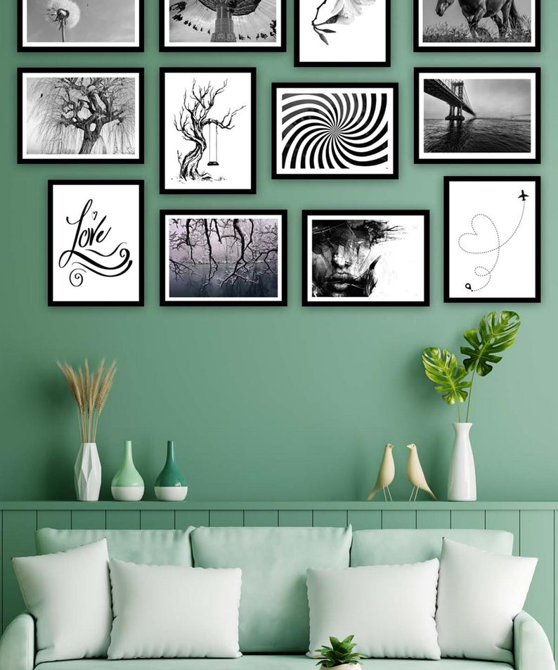 12 Parça Siyah Beyaz Sanatsal Çerçeve Görünümlü Tablo Seti