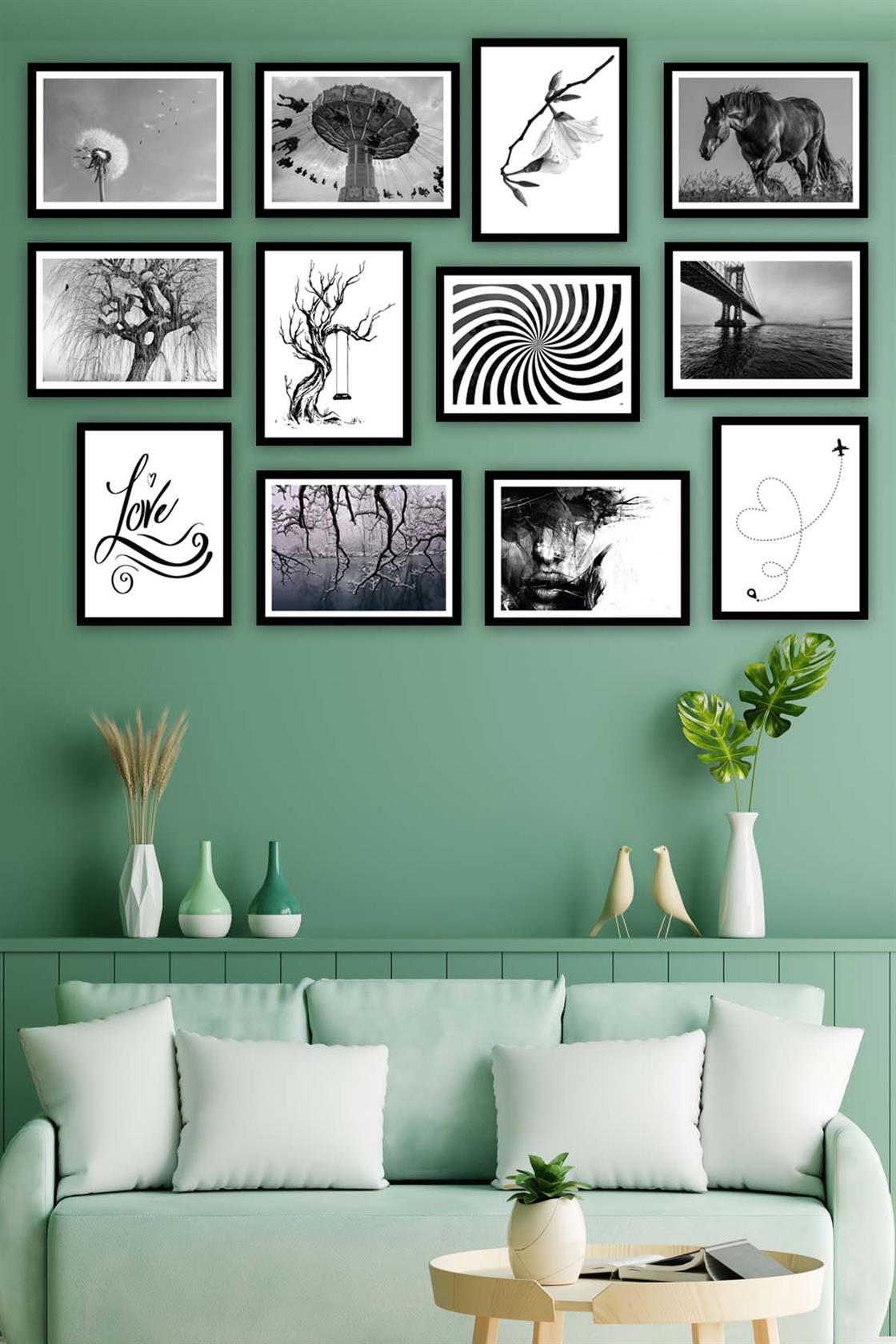 12 Parça Siyah Beyaz Sanatsal Çerçeve Görünümlü Tablo Seti