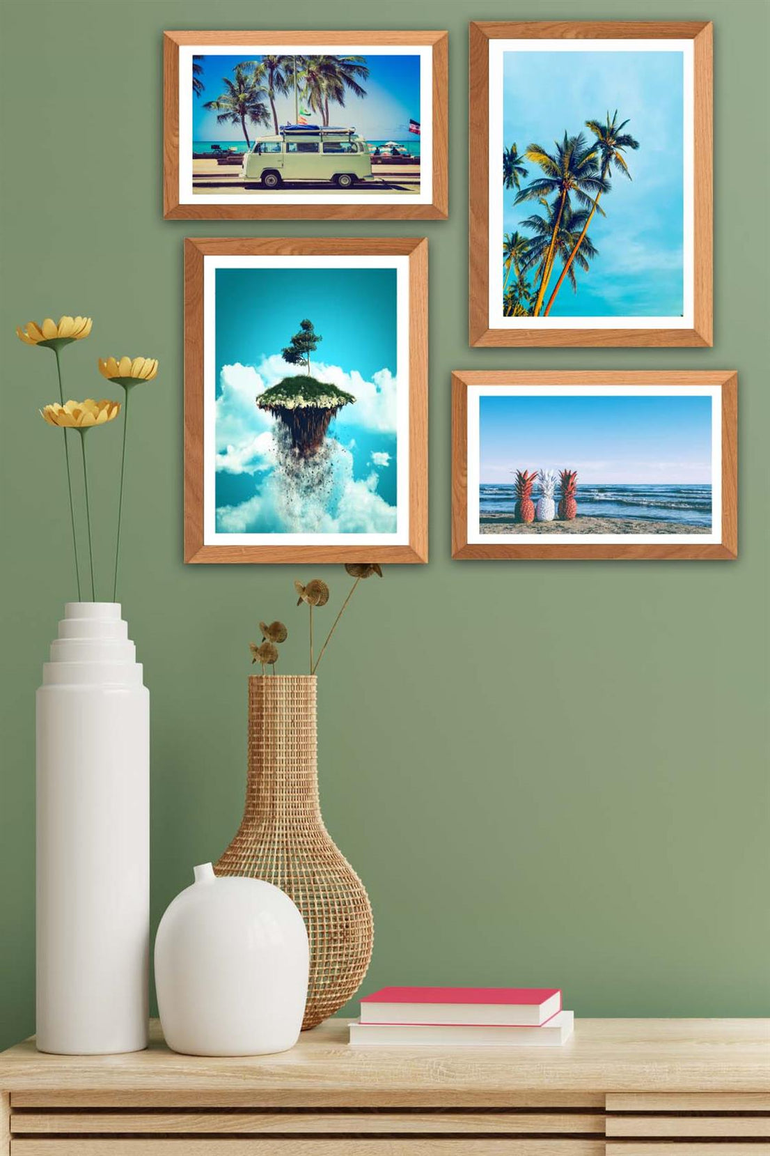 4 Parça Modern Tarzda Yaz Manzarası (Ahşap Çerçeve Görünümlü) Uv Baskı Tablo Seti