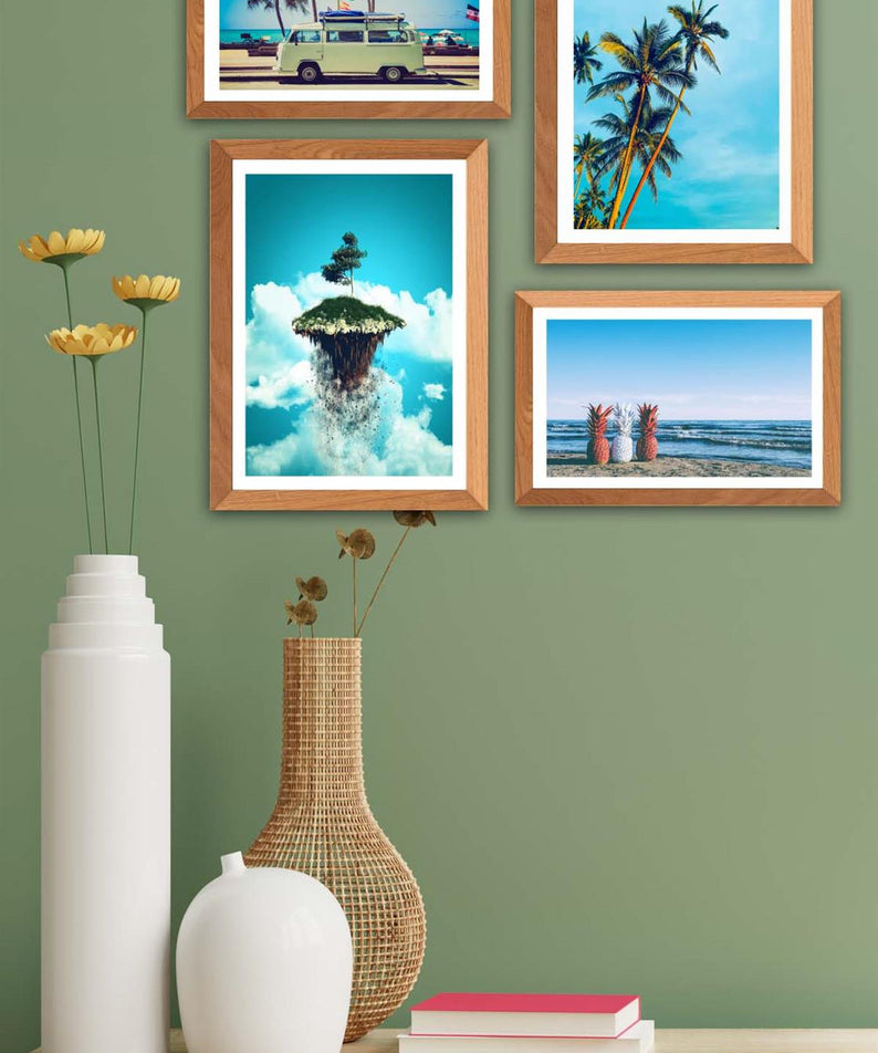 4 Parça Modern Tarzda Yaz Manzarası (Ahşap Çerçeve Görünümlü) Uv Baskı Tablo Seti