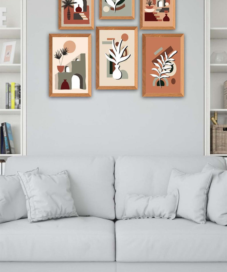 6 Parça Bohem Tarzda (Ahşap Çerçeve Görünümlü) Uv Baskı Tablo Seti