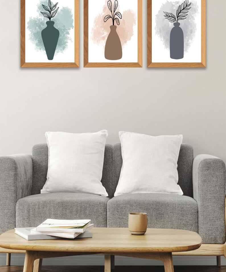 3 Parça Modern Sanatsal Suluboya Tarzda (Ahşap çerçeve görünümlü) Uv Baskı Mdf Tablo Seti