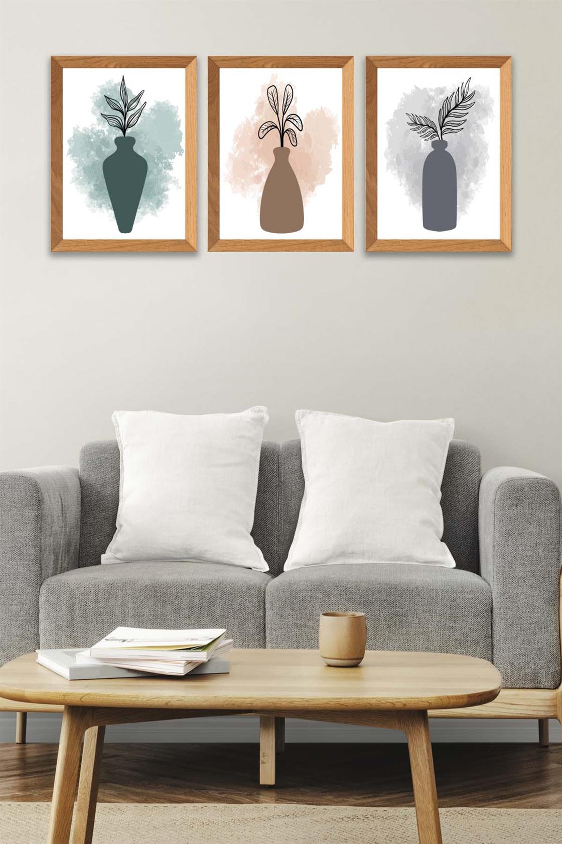 3 Parça Modern Sanatsal Suluboya Tarzda (Ahşap çerçeve görünümlü) Uv Baskı Mdf Tablo Seti