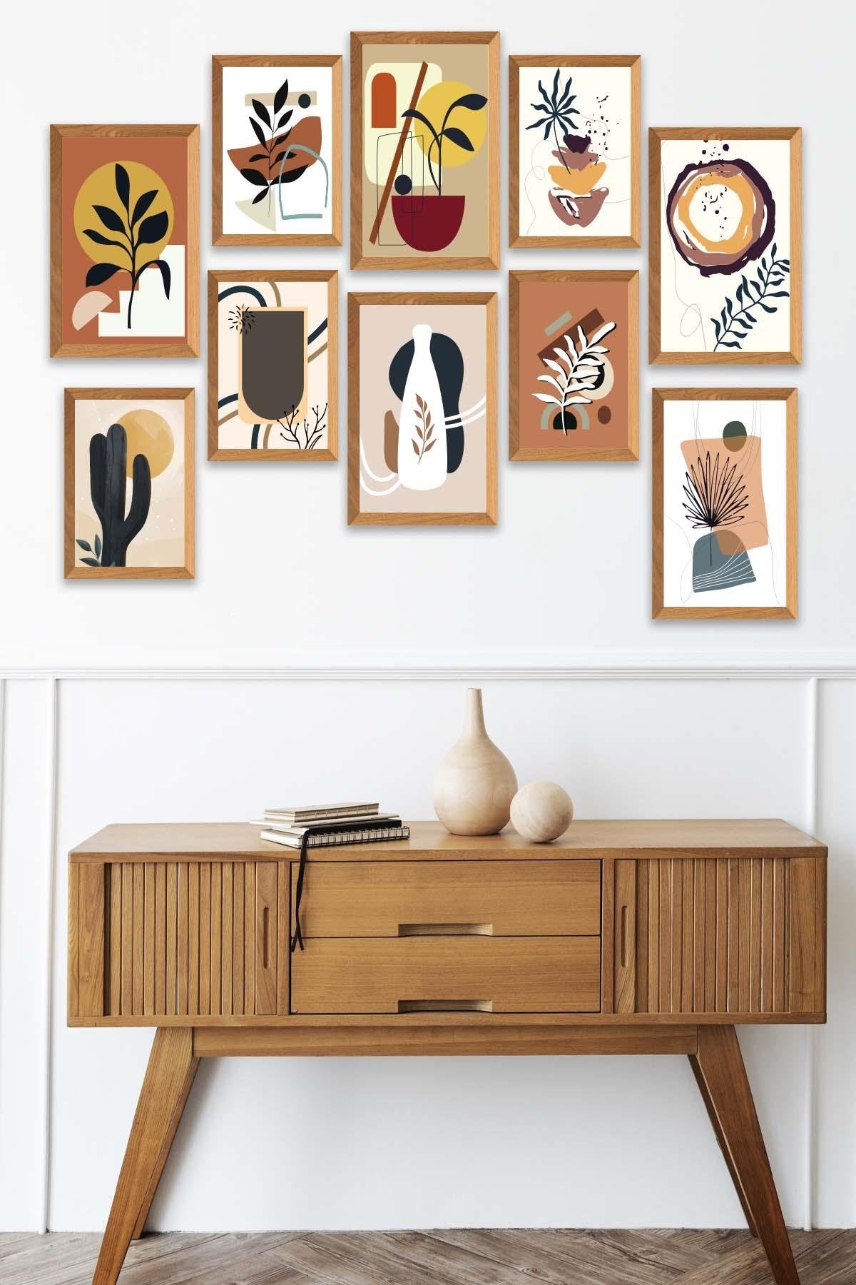 10 Parça Bohem Tarzında Sanatsal Ahşap Çerçeve Görünümlü Tablo Seti