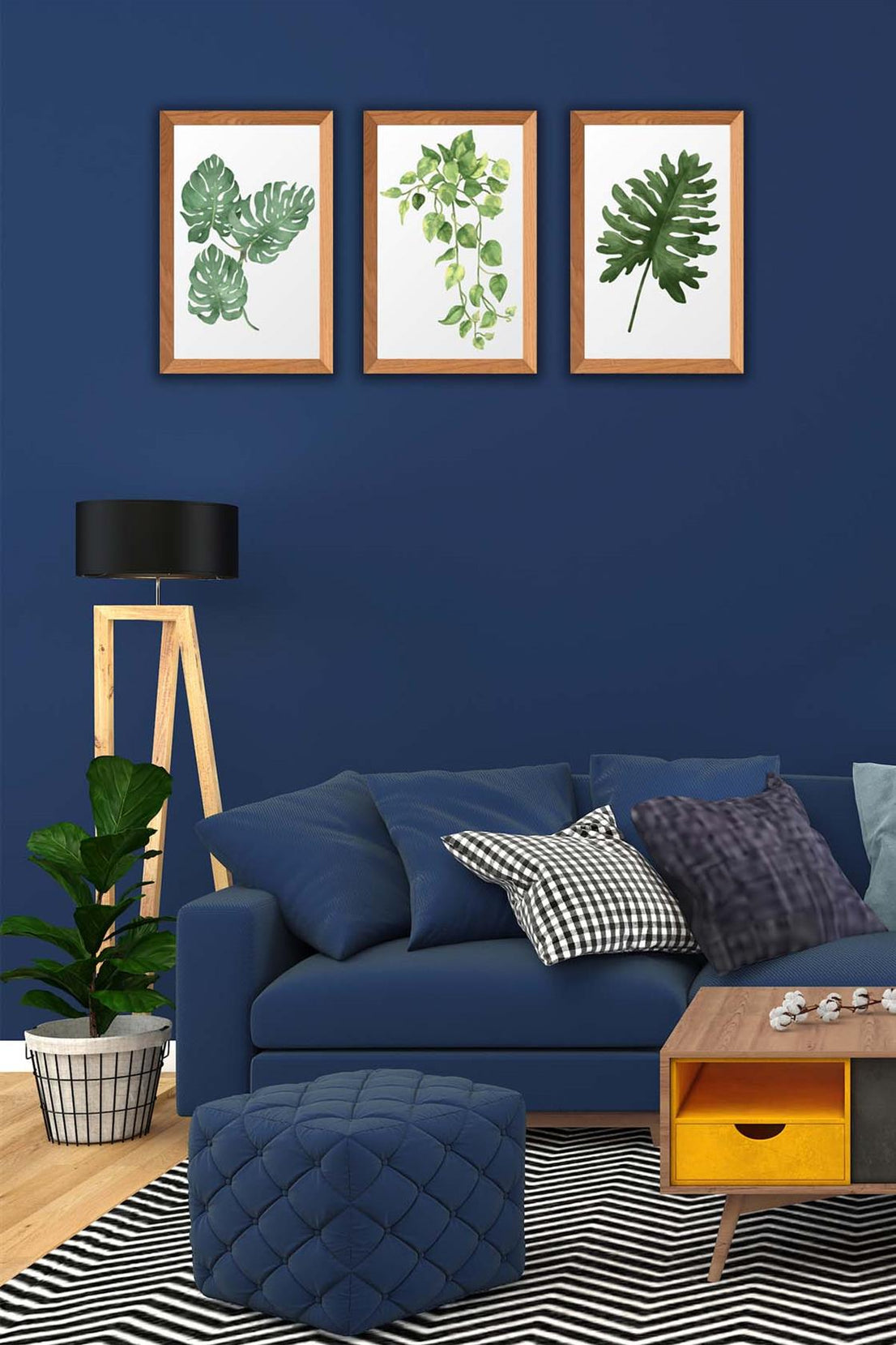 3 Parça Bohem Tarzı Yaprak Ahşap Çerçeve Görünümlü Tablo Seti