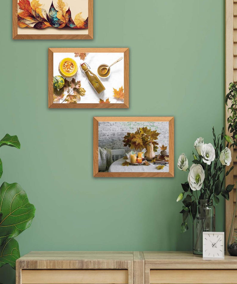 3 Parça Çınar Yapakları Sonbahar Yansıtan Ahşap Çerçeve Görünümlü Mdf Tablo Seti