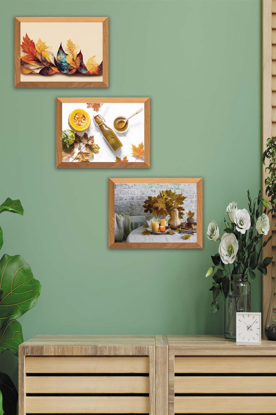 3 Parça Çınar Yapakları Sonbahar Yansıtan Ahşap Çerçeve Görünümlü Mdf Tablo Seti