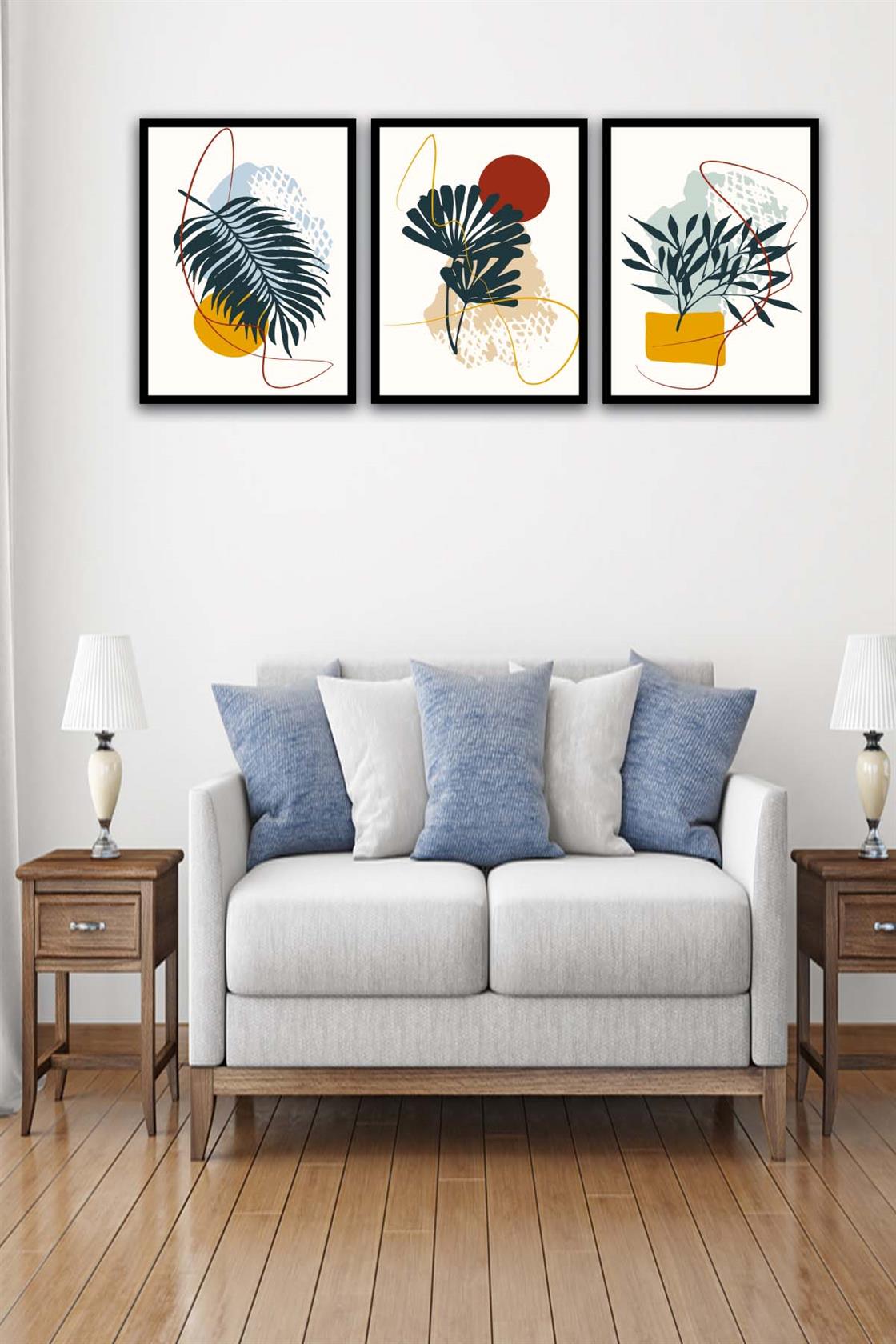 3 Parça Botanic Tarzda Sanatsal Siyah Çerçeve Görünümlü Uv Baskı Mdf Tablo Seti