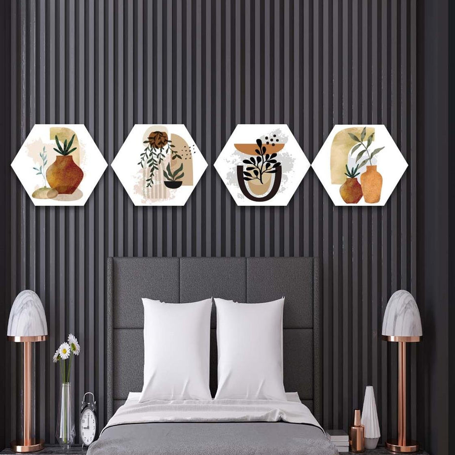 4 Parça Petek Suluboya Modern Tarzda Tasarım Uv Baskı Mdf Tablo Seti