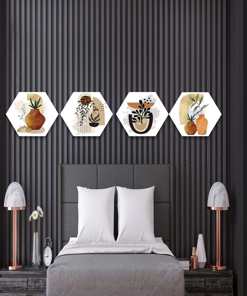 4 Parça Petek Suluboya Modern Tarzda Tasarım Uv Baskı Mdf Tablo Seti